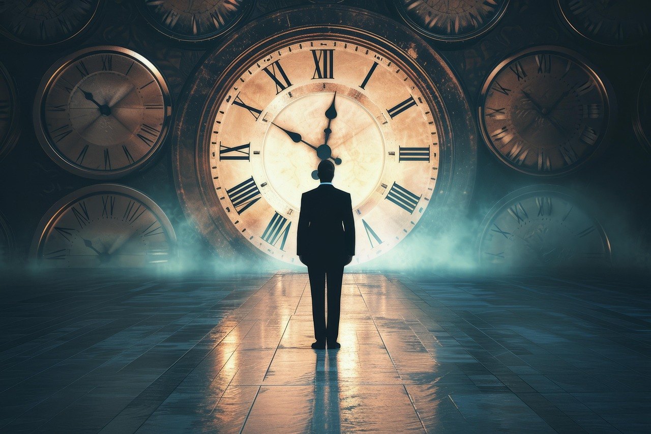 Un uomo davanti a grandi orologi